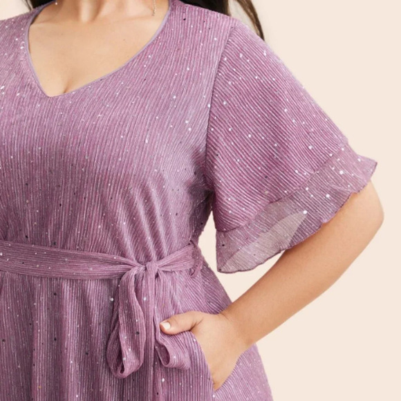 BloomChic Plus Size Plain V Neck Mesh Pocket Ruffle Tiered Belted Midi Dress - Picture 3 of 5